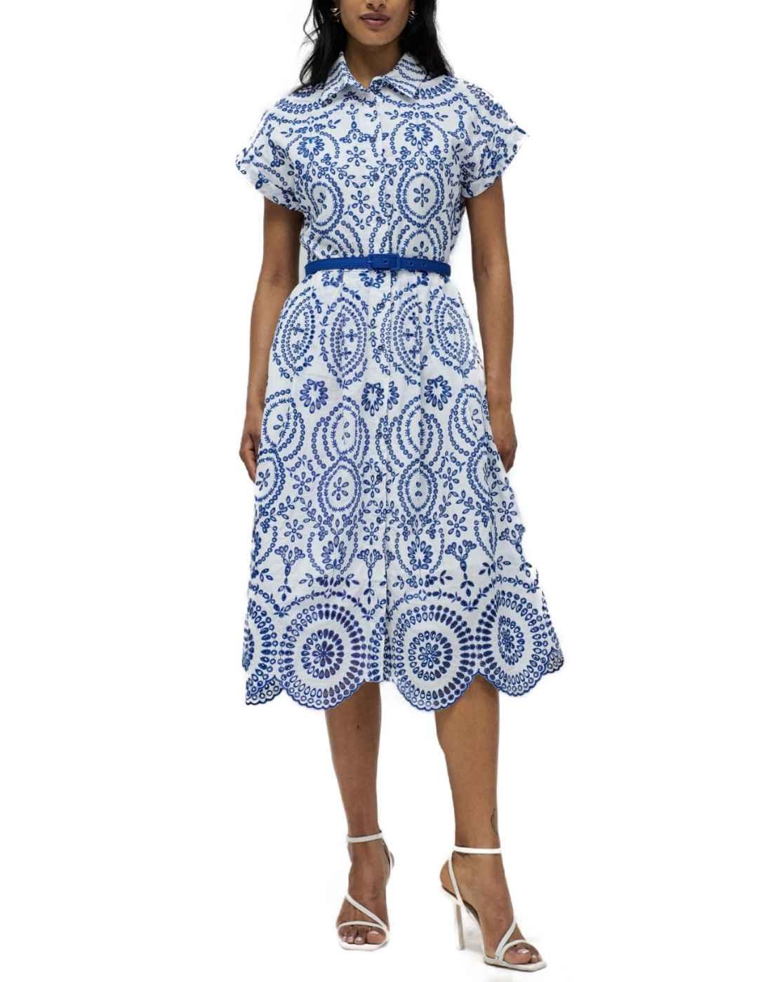 Vestido Salsa midi blanco y azul troquelado floral de mujer