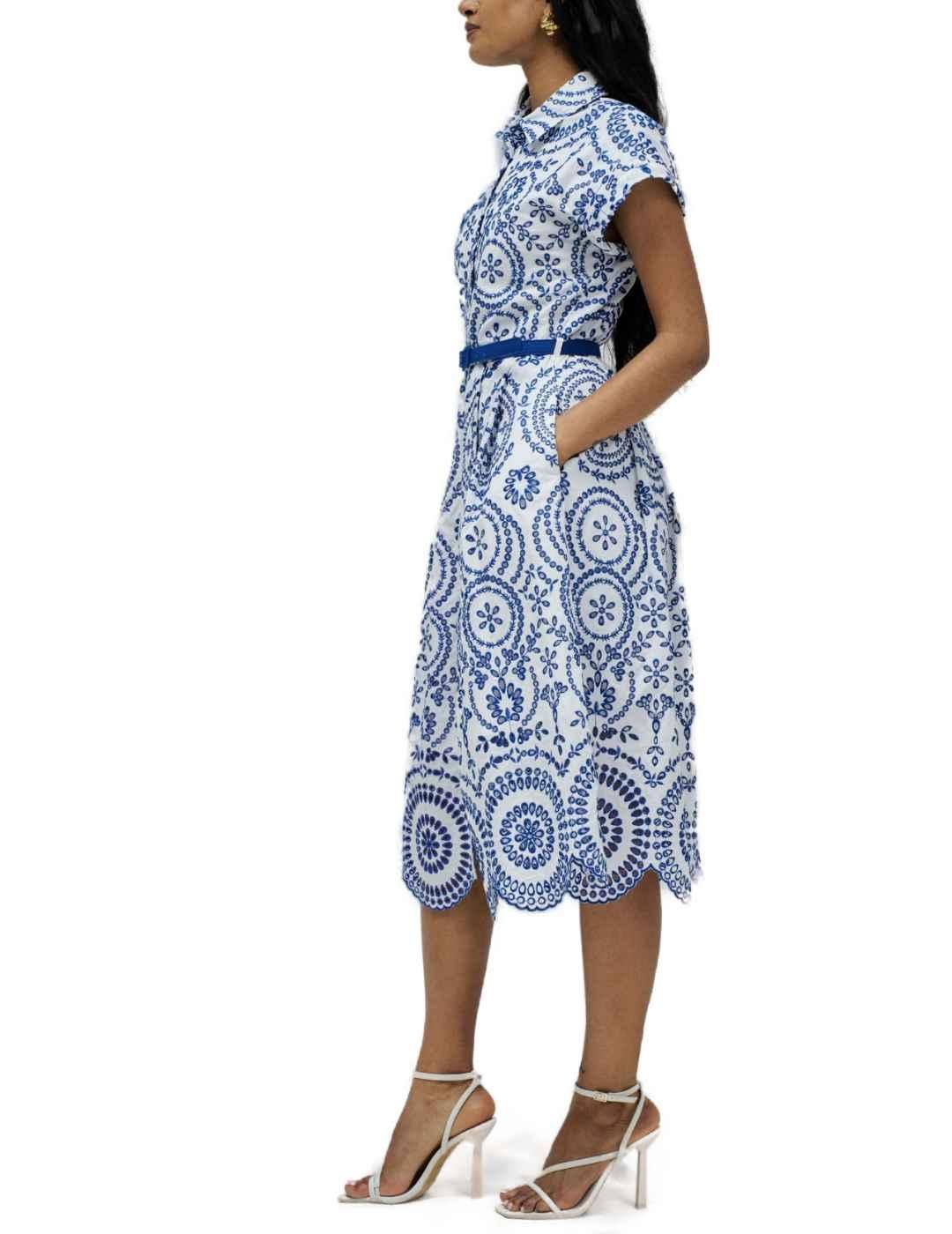 Vestido Salsa midi blanco y azul troquelado floral de mujer