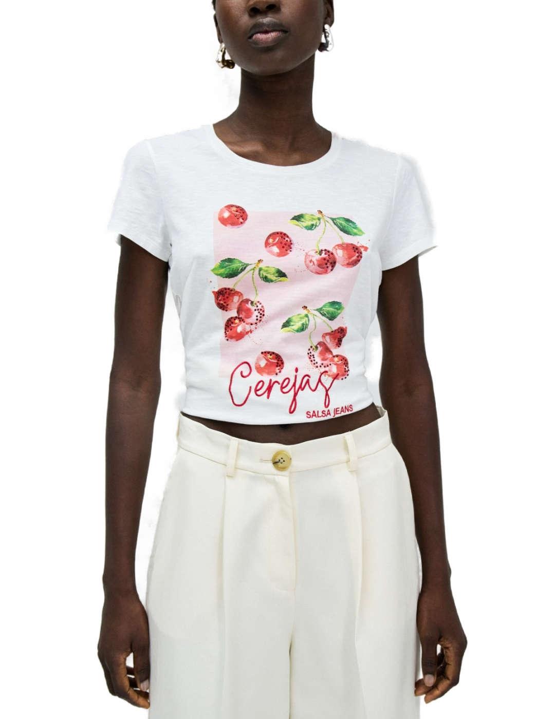 Camiseta Salsa blanca cerezas manga corta para mujer