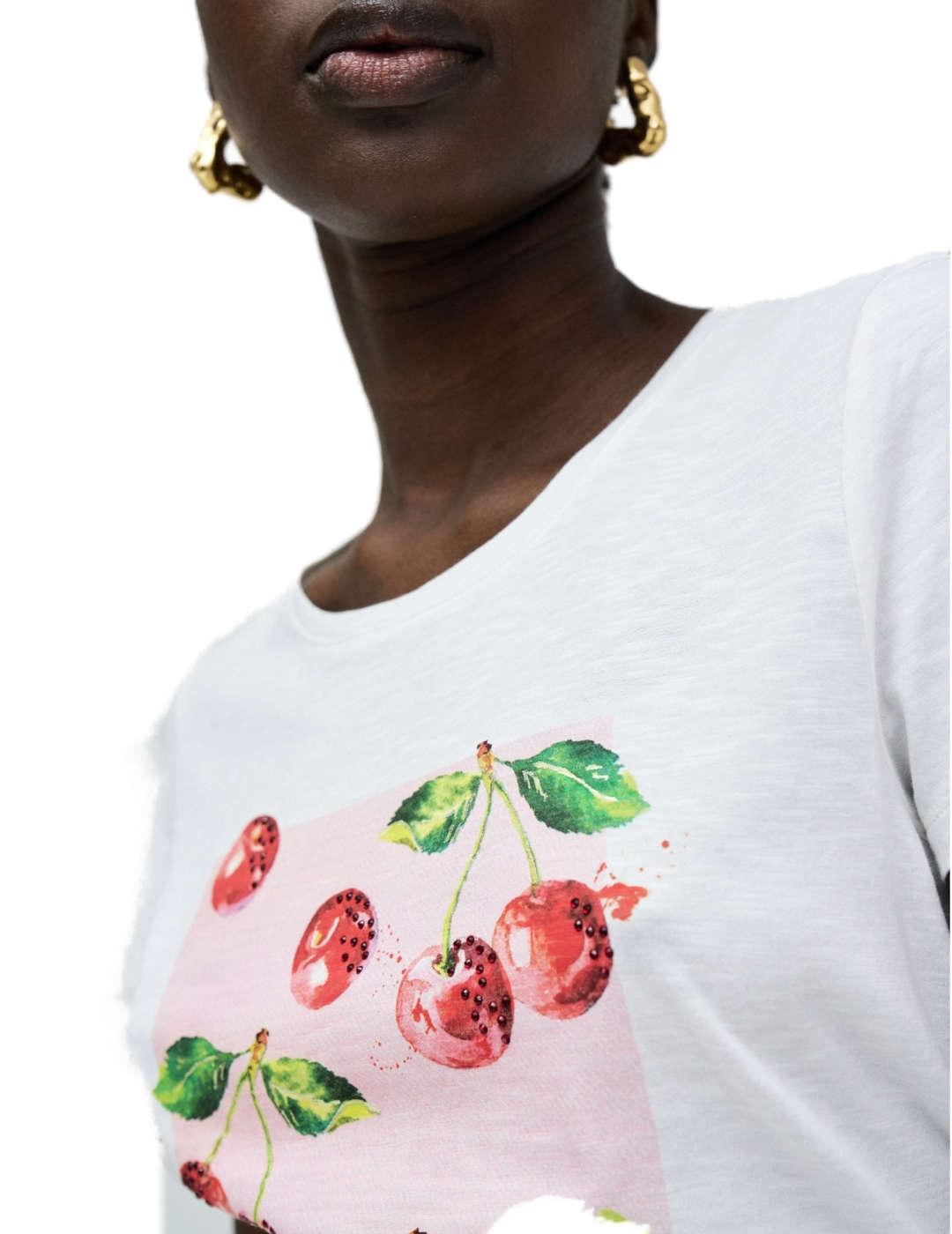 Camiseta Salsa blanca cerezas manga corta para mujer