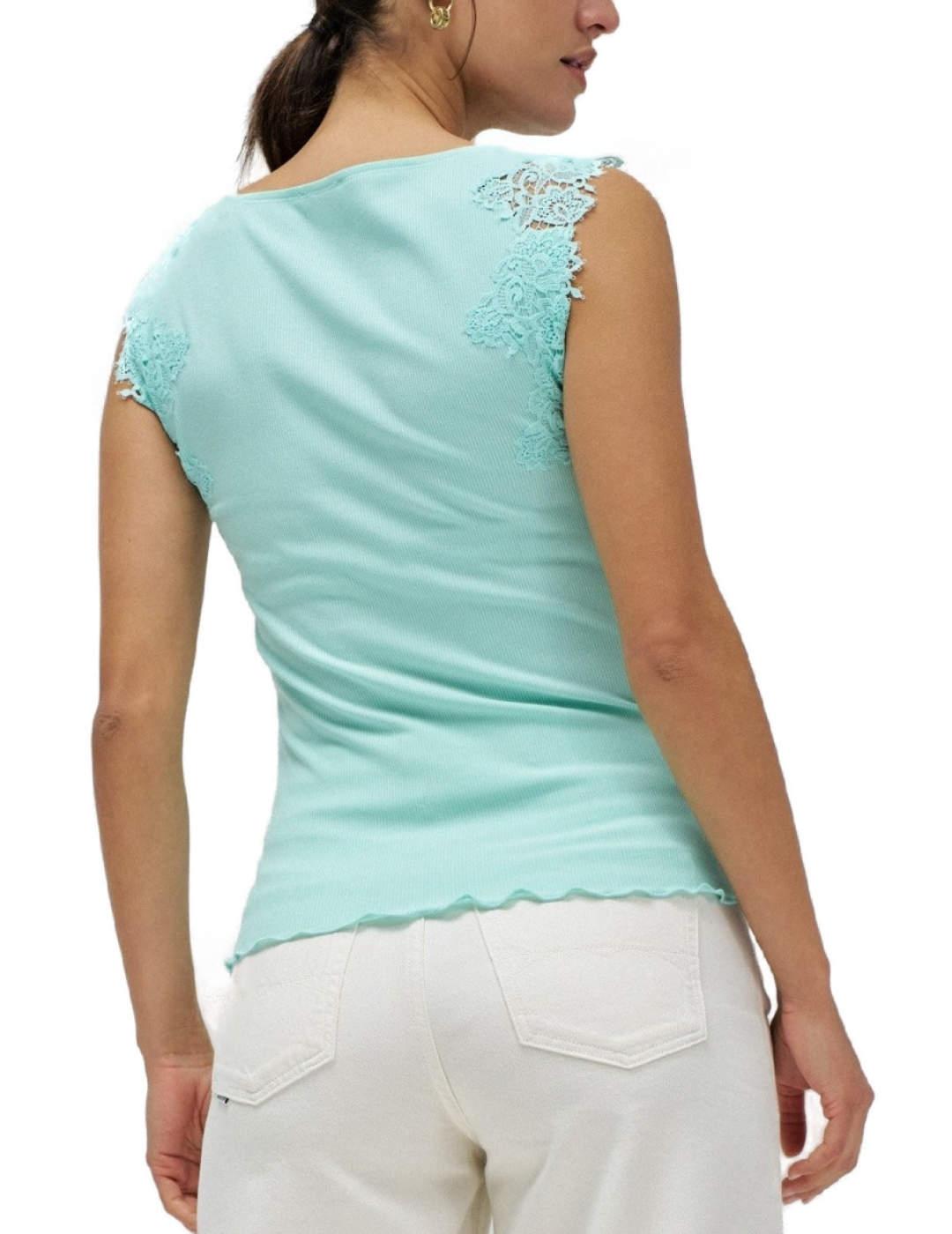 Camiseta Salsa turquesa manga  sisa detalles encaje de mujer