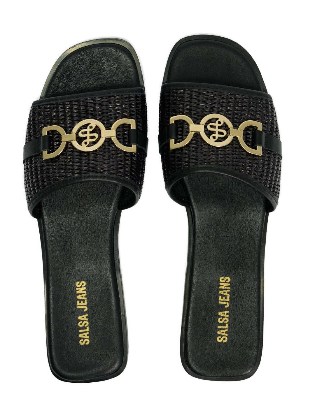 Sandalias Salsa piel negras rafia logotipo para mujer