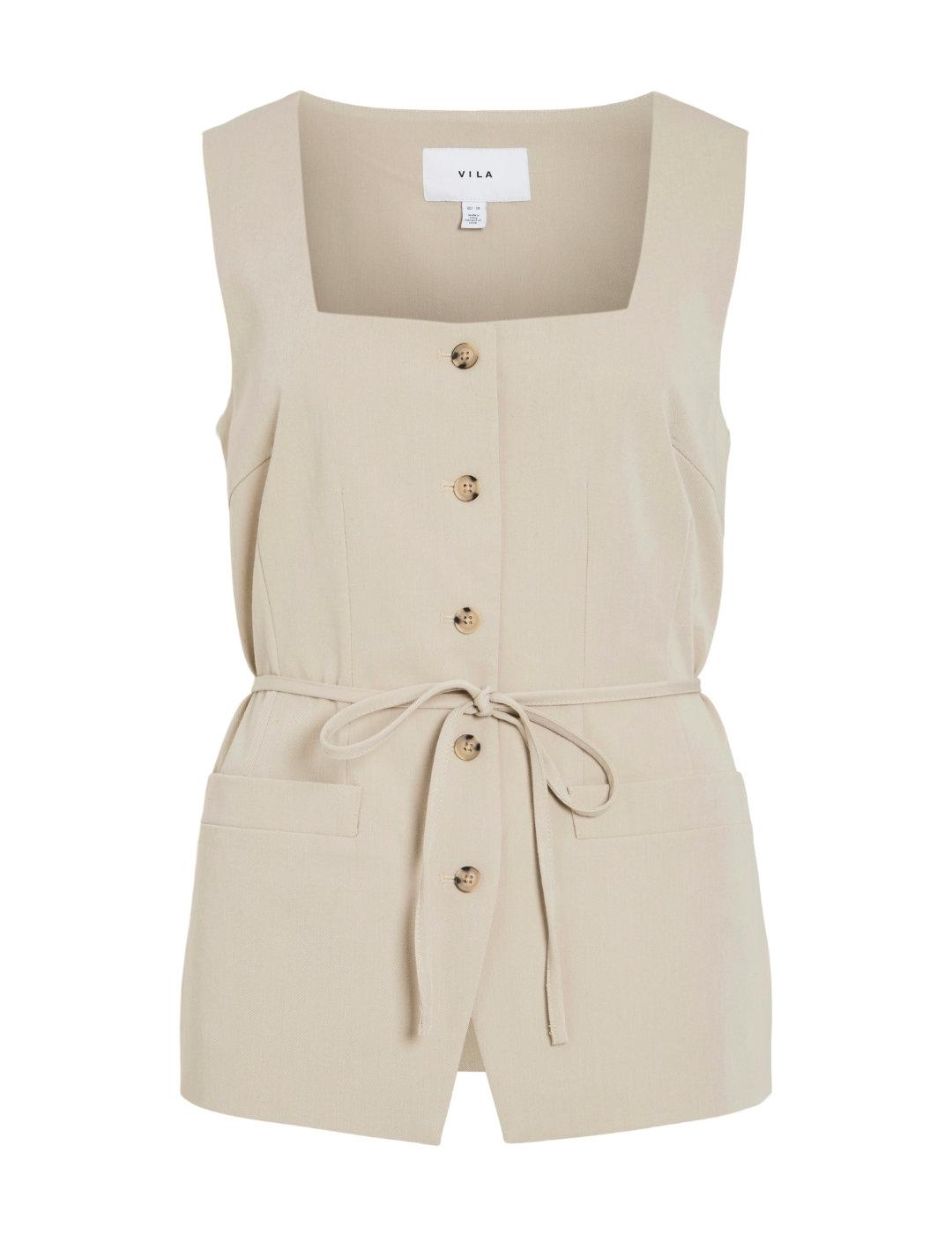 Chaleco Vila Moreja entallado beige cuello cuadrado de mujer