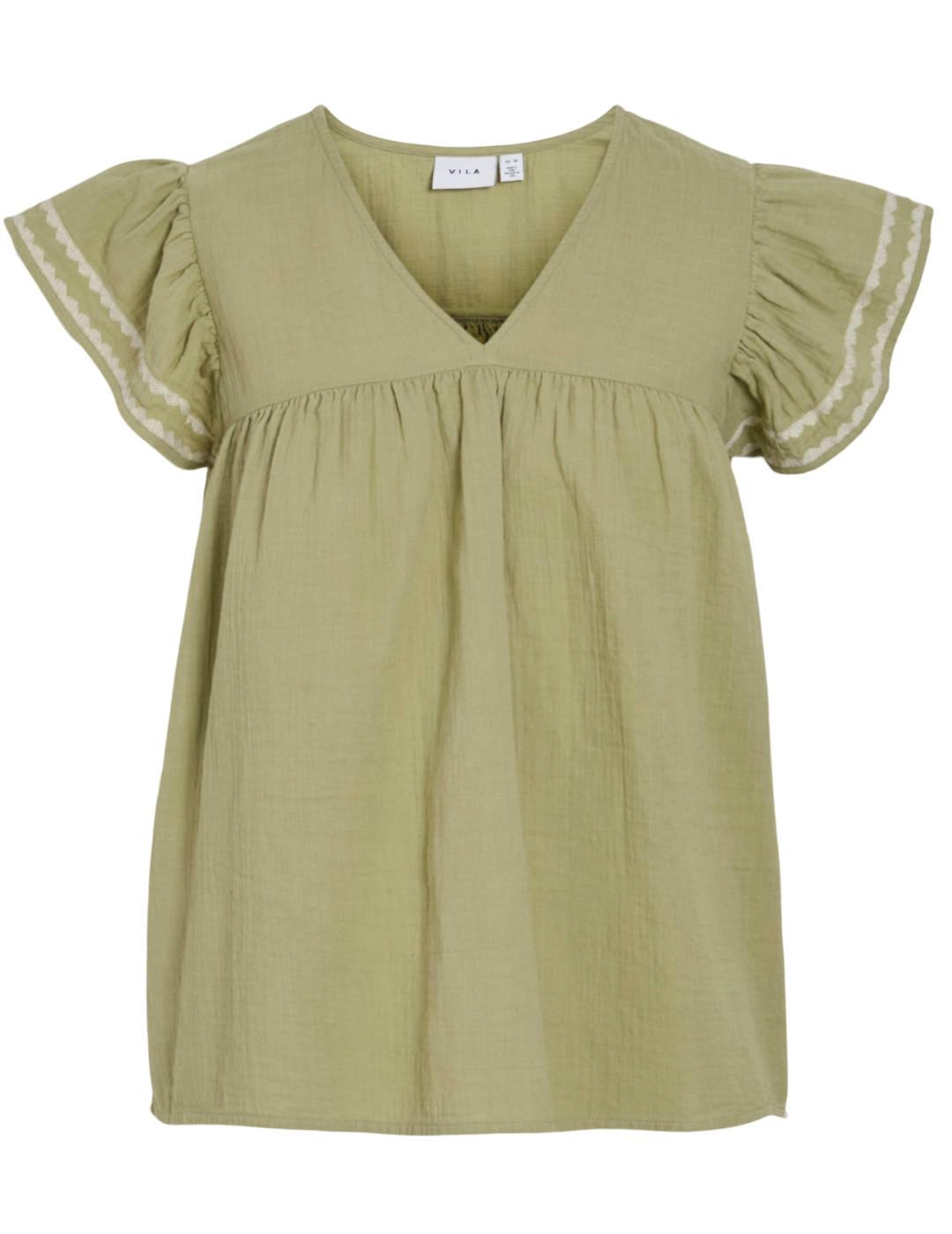 Blusa Vila Tovan verde caqui manga sisa cuello V para mujer