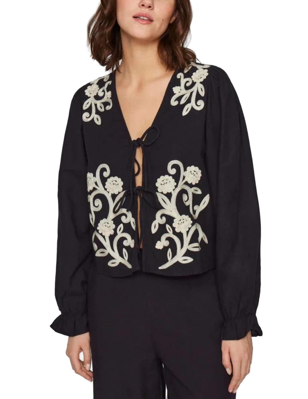 Blusa Vila Polene negro bordado beige manga larga para mujer