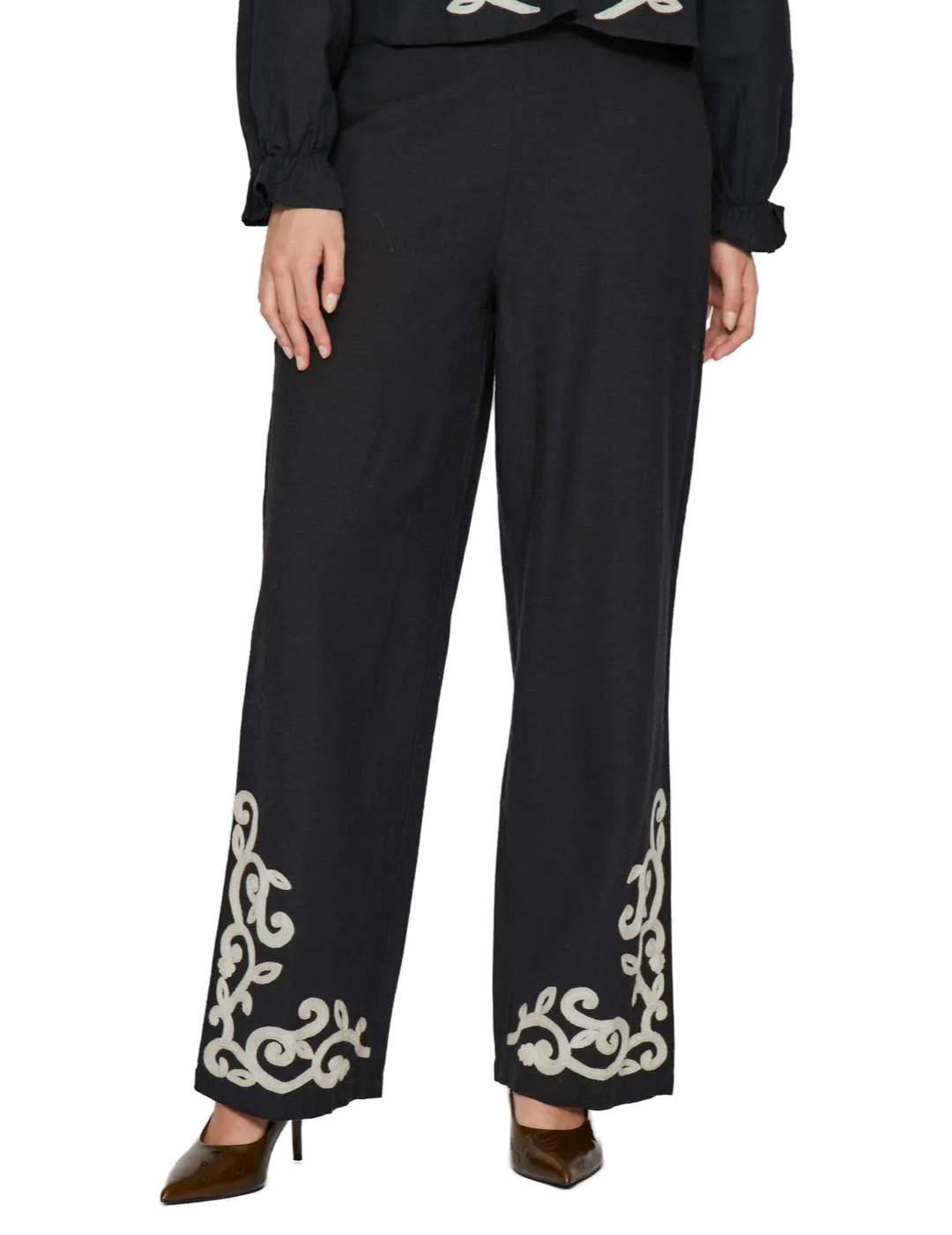 Pantalón Vila Polene negro estampado de lino para mujer