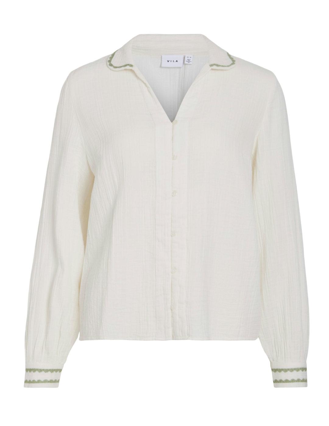 Camisa Vila Tovan beige con bordados manga larga para mujer