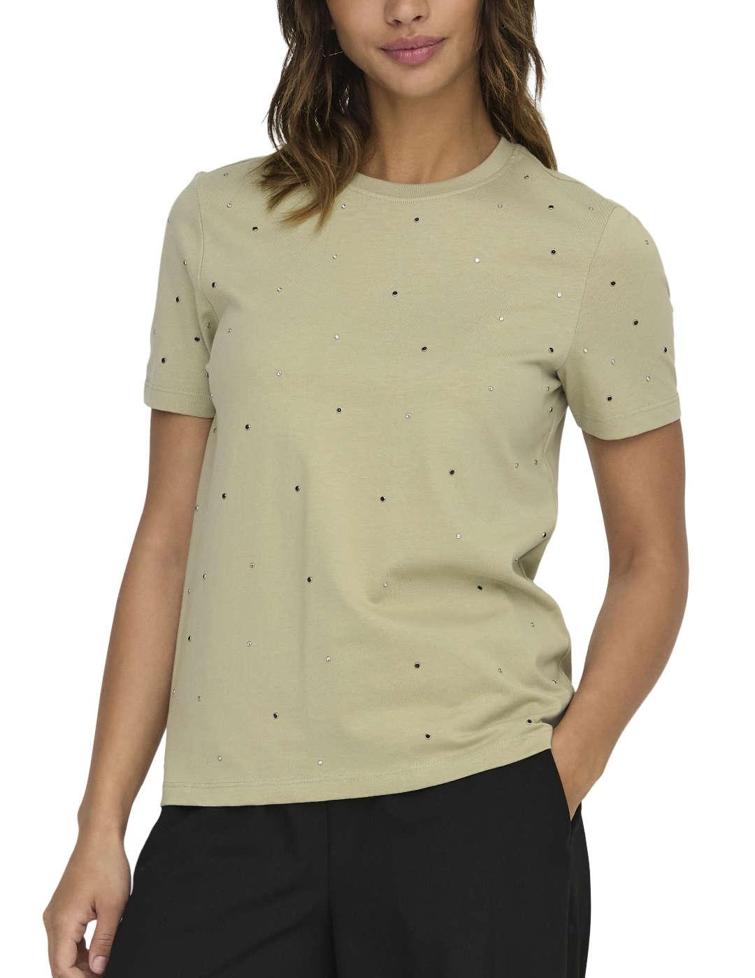 Camiseta Only Globe verde brillos manga corta para mujer