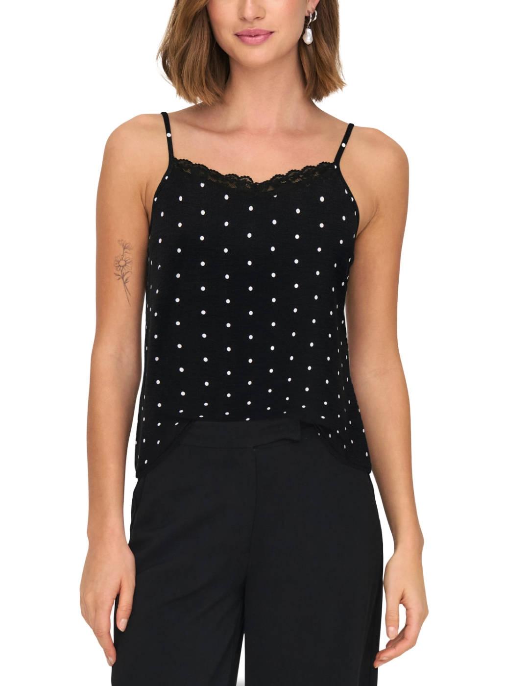 Camiseta lencera Only Katty negra lunares tirante fino mujer