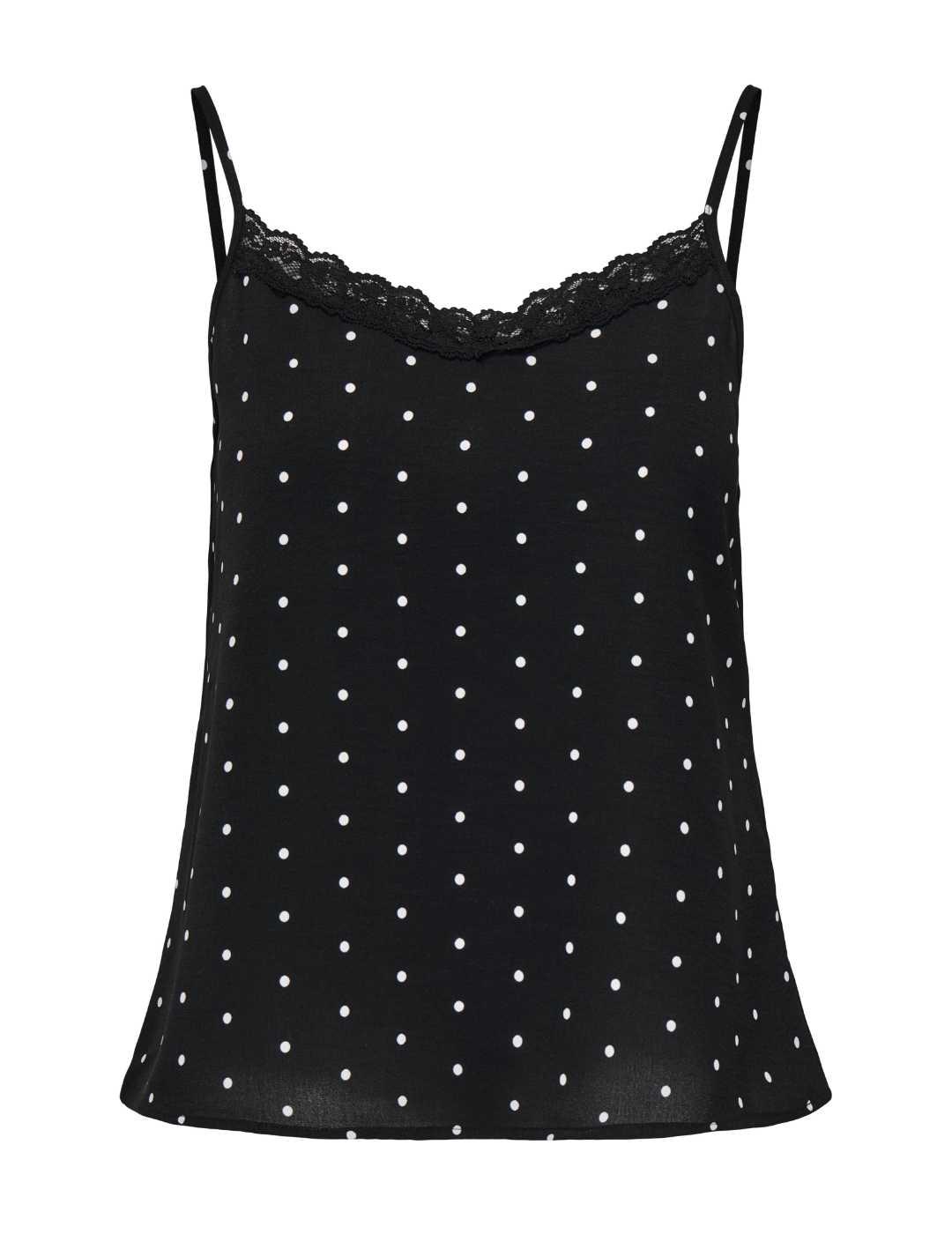 Camiseta lencera Only Katty negra lunares tirante fino mujer