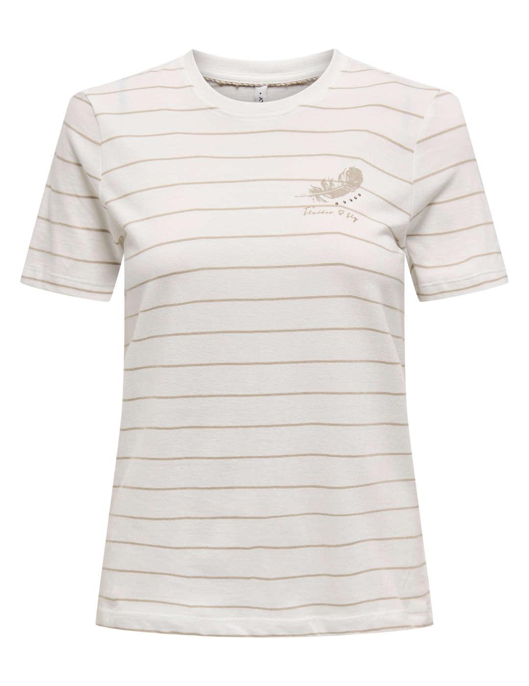 Camiseta Only Kita blanca rayas beige manga corta para mujer