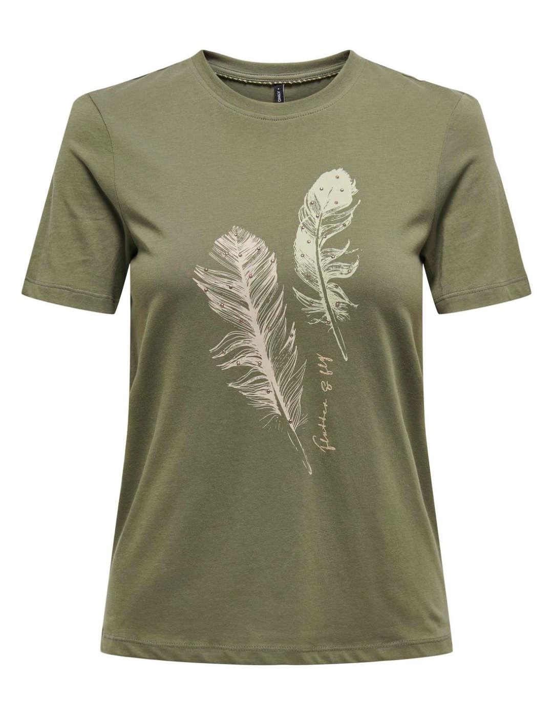 Camiseta Only Kita verde pluma manga corta para mujer