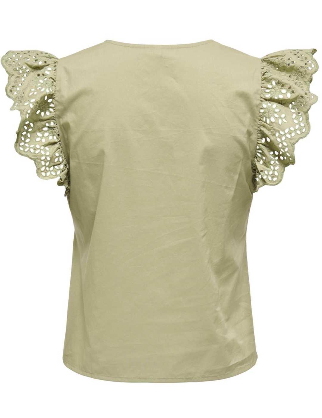 Camiseta Only Lou troquelada verde claro volantes para mujer