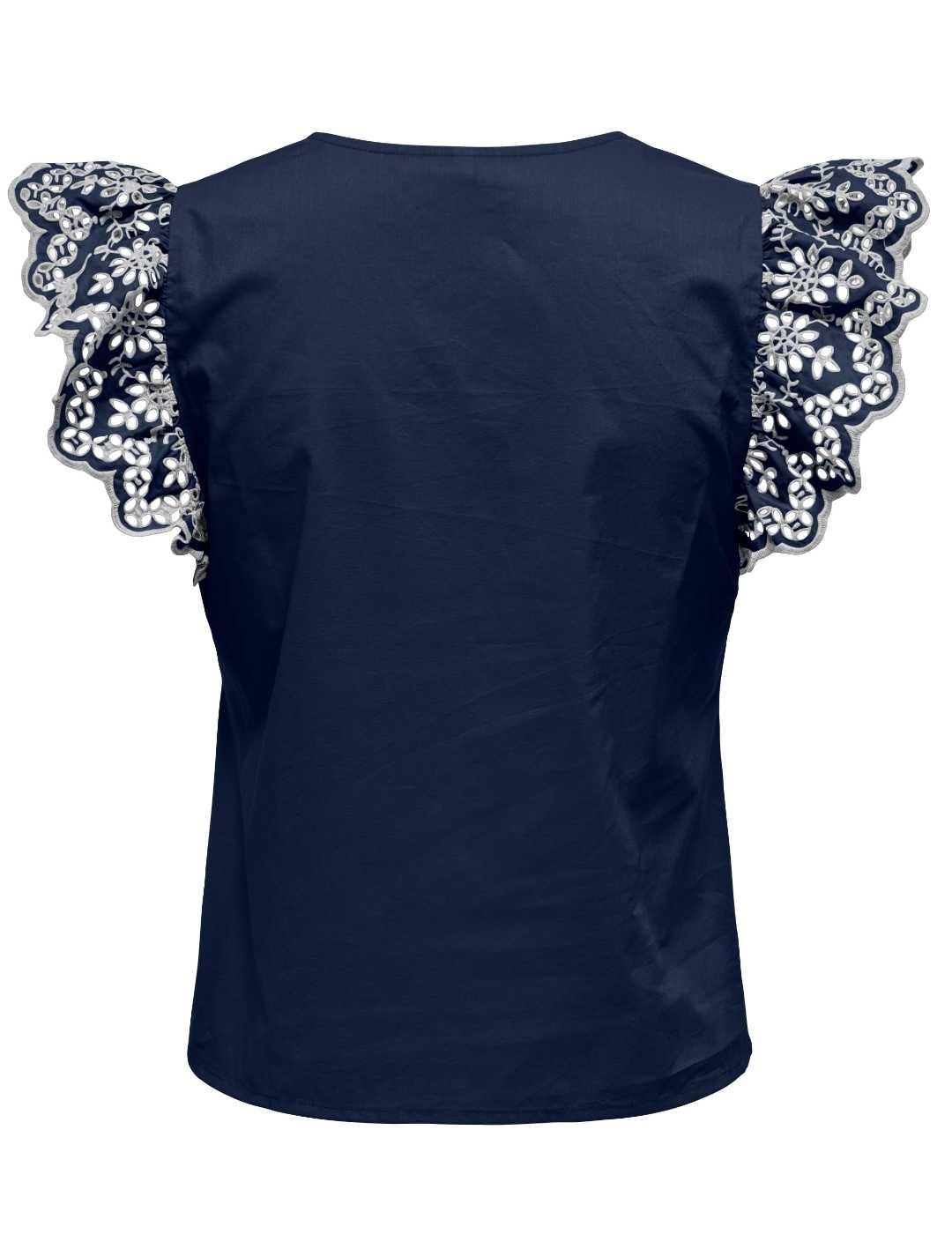 Camiseta Only Lou troquelada marino con volantes para mujer