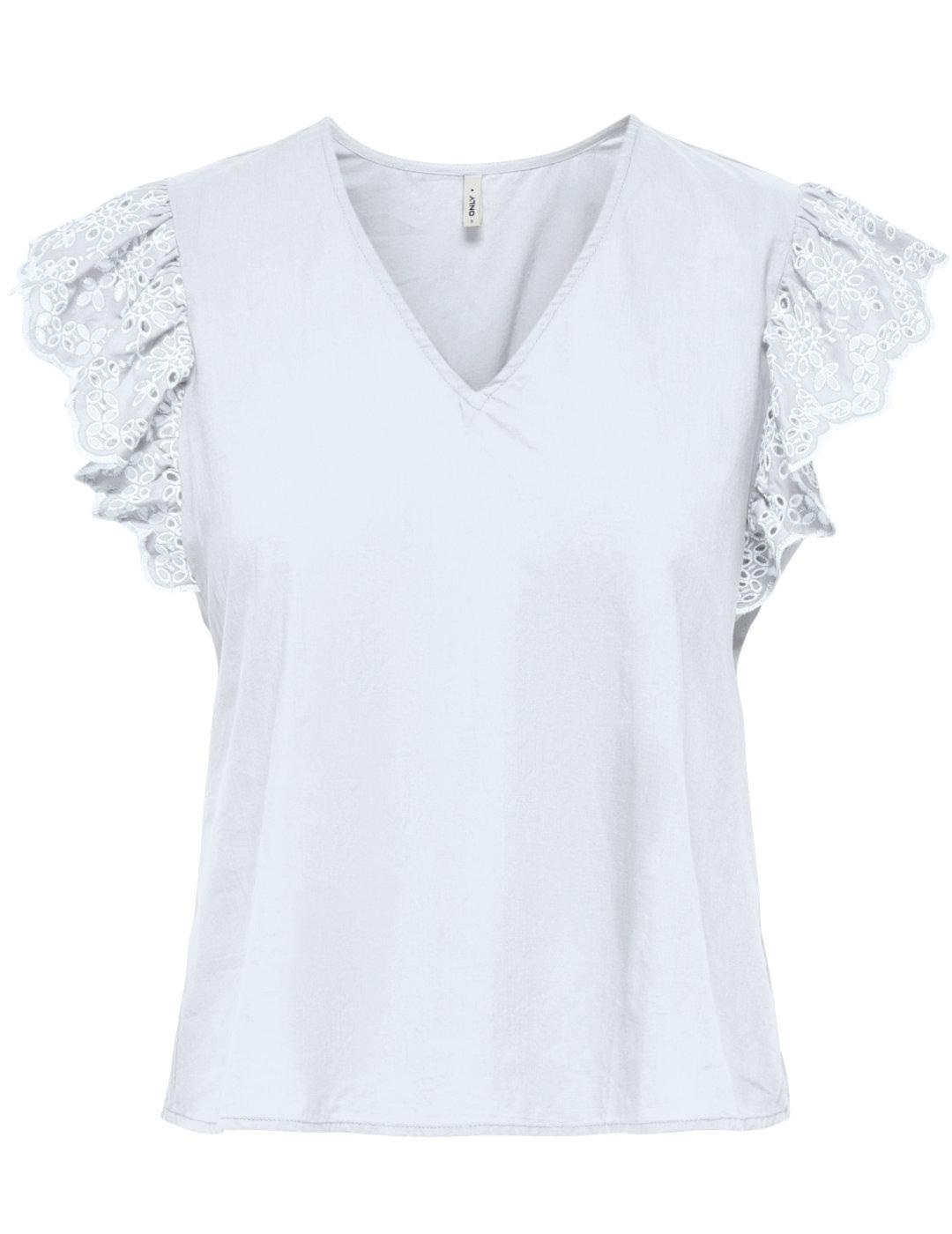 Camiseta Only Lou blanca troquelada con volantes para mujer