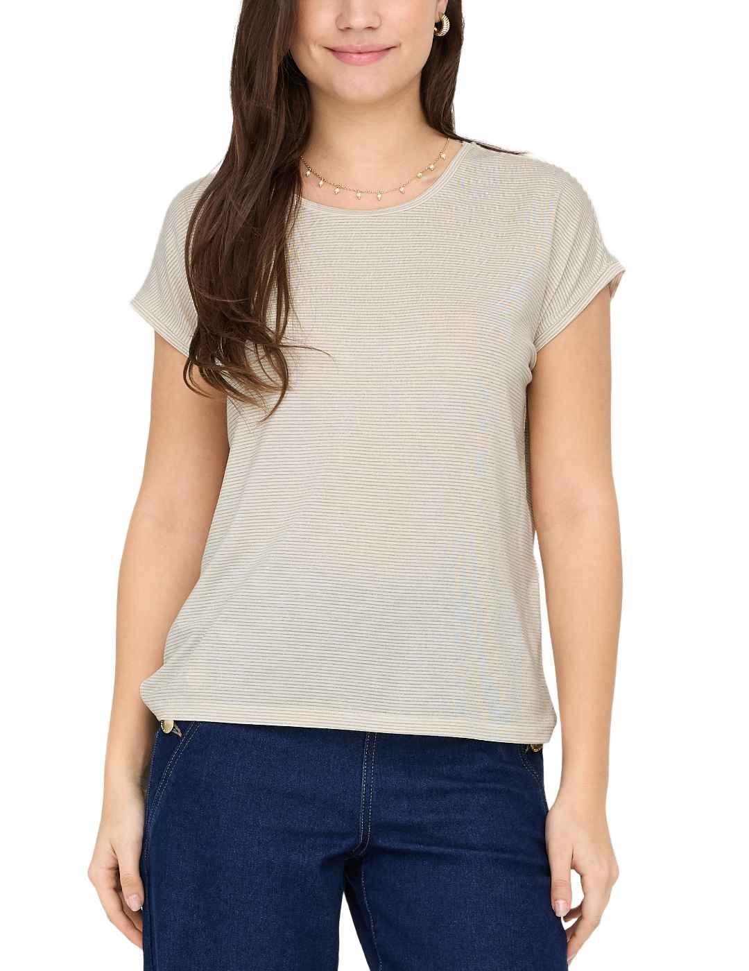 Camiseta Only Claudia beige rayas oro manga corta de mujer