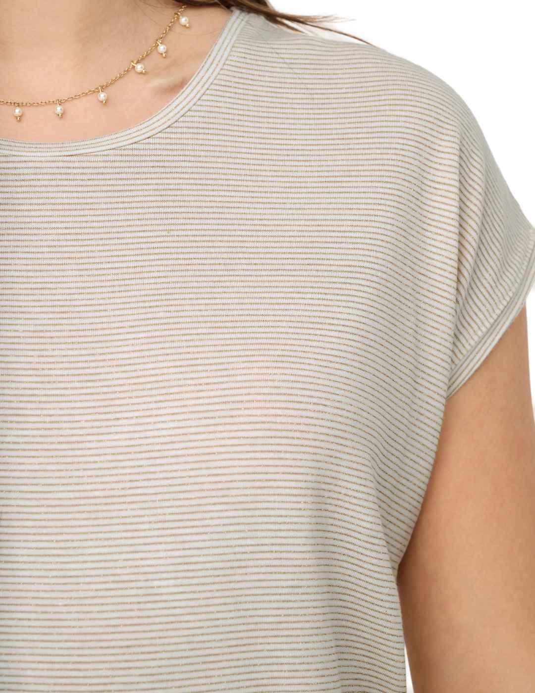 Camiseta Only Claudia beige rayas oro manga corta de mujer