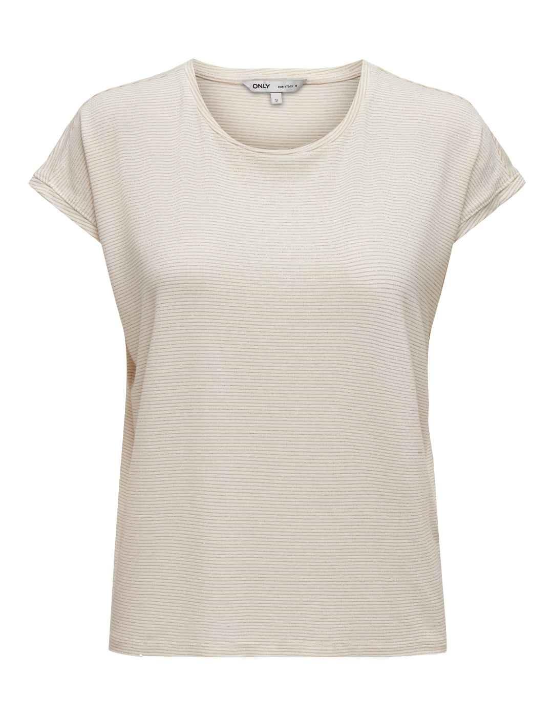 Camiseta Only Claudia beige rayas oro manga corta de mujer
