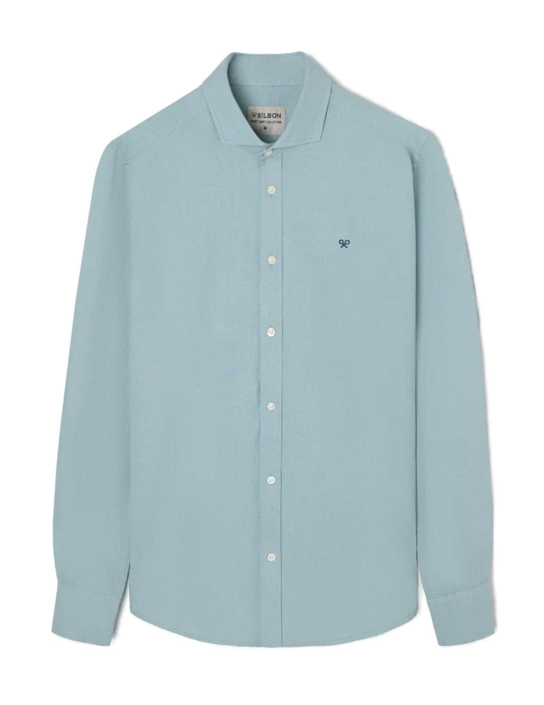 Camisa Silbon sport lino verde agua manga larga de hombre