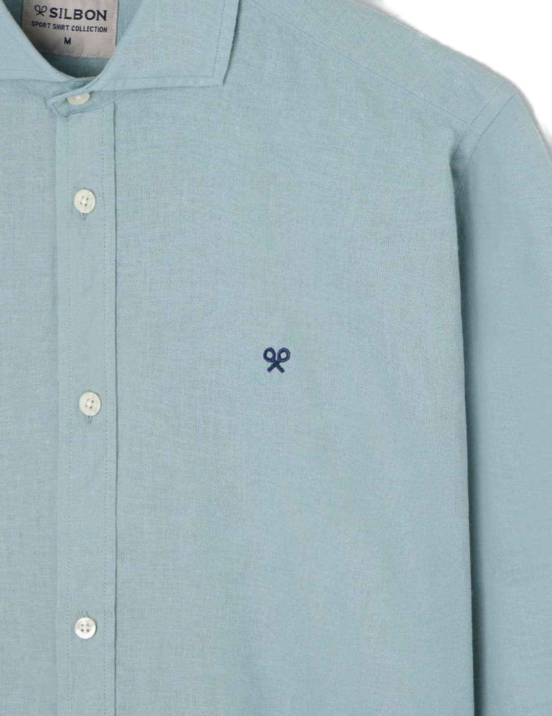 Camisa Silbon sport lino verde agua manga larga de hombre