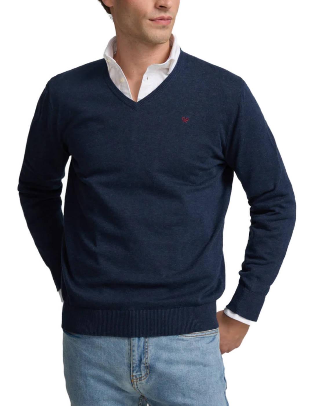 Jersey Silbon liso v-neck azul marino de punto para hombre