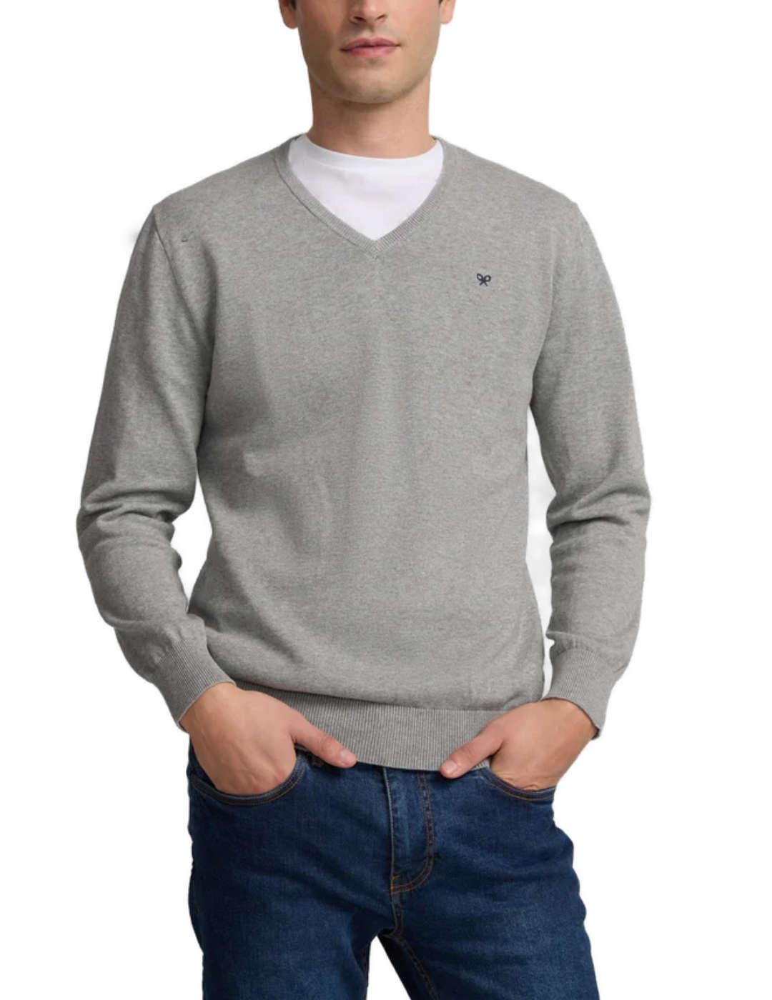 Jersey Silbon liso v-neck gris claro de punto para hombre