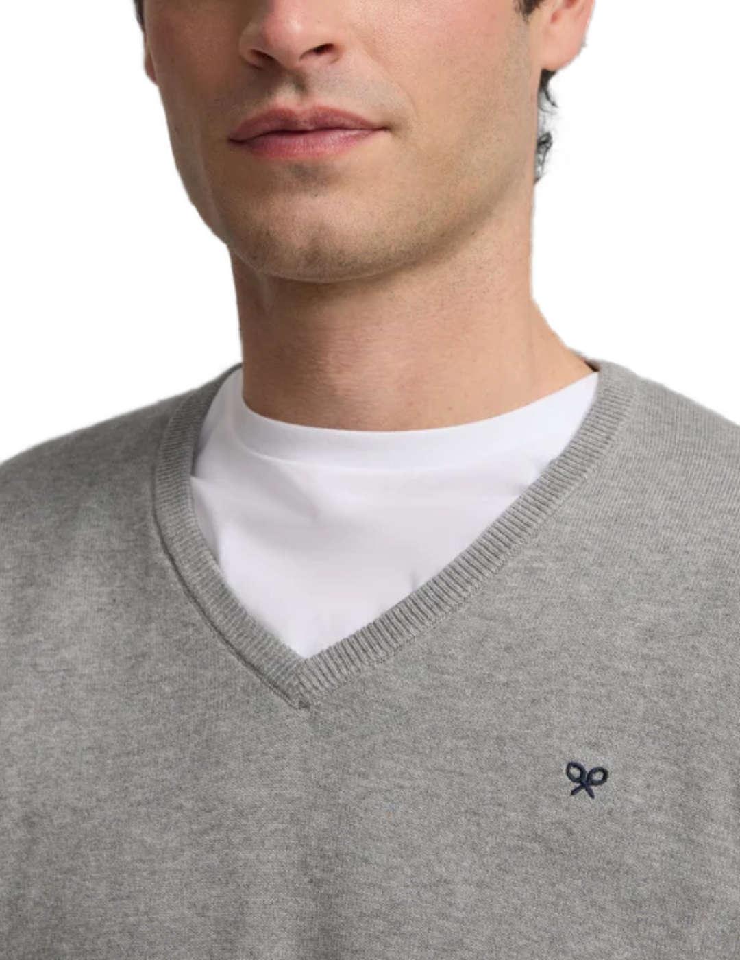 Jersey Silbon liso v-neck gris claro de punto para hombre
