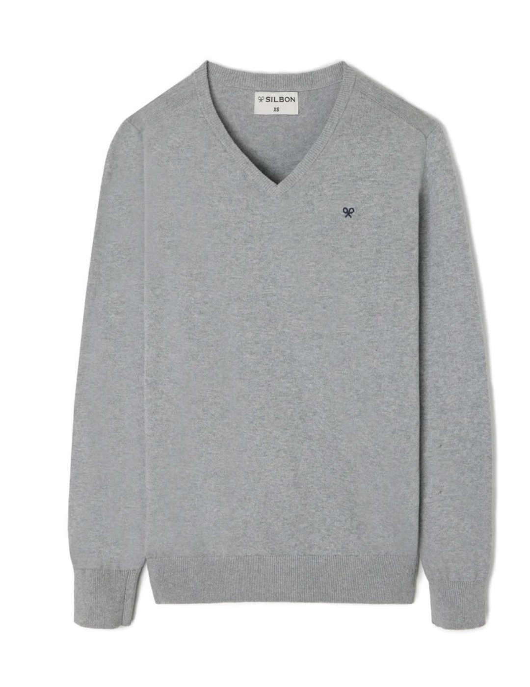 Jersey Silbon liso v-neck gris claro de punto para hombre