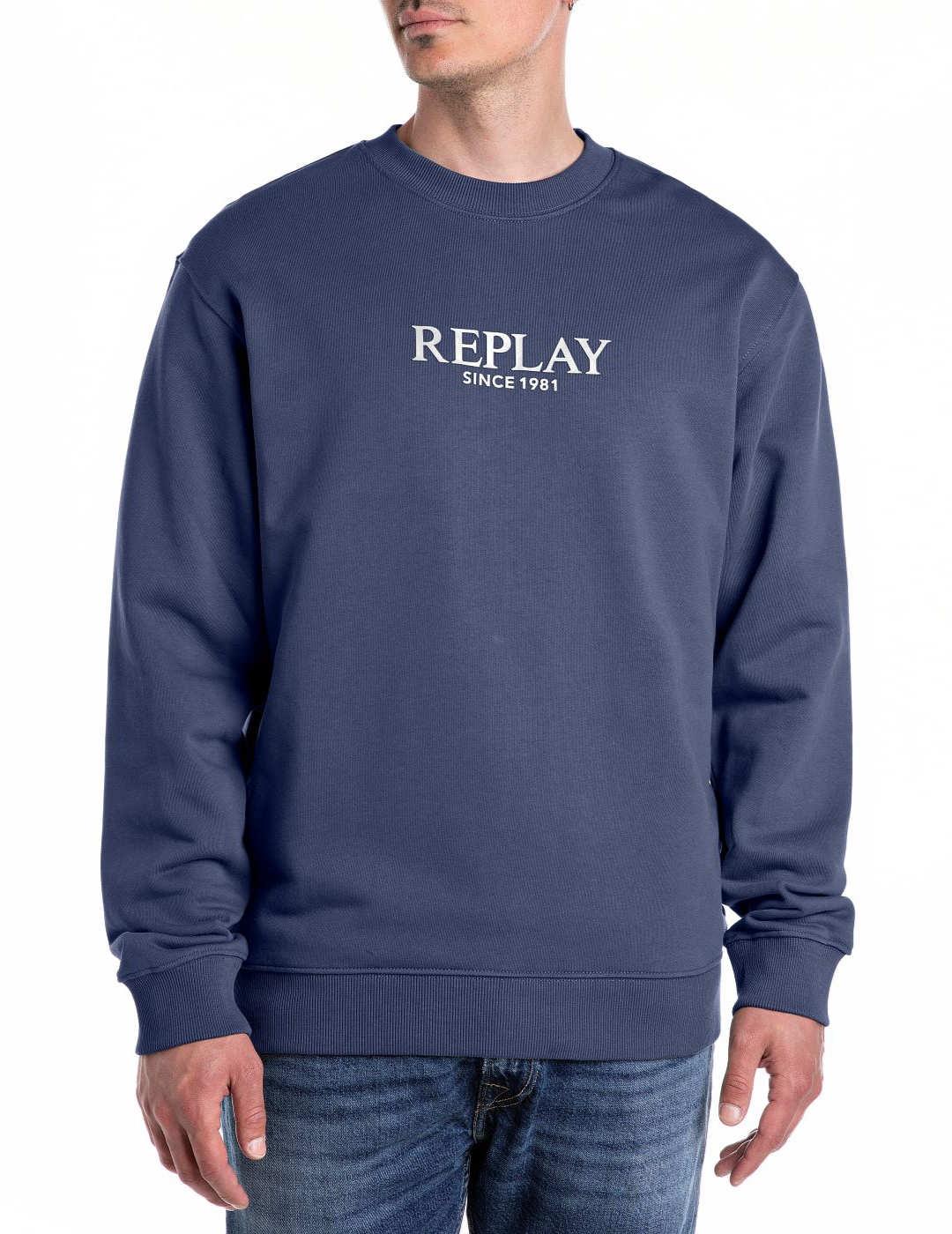 Sudadera Replay marino logo blanco sin capucha para hombre