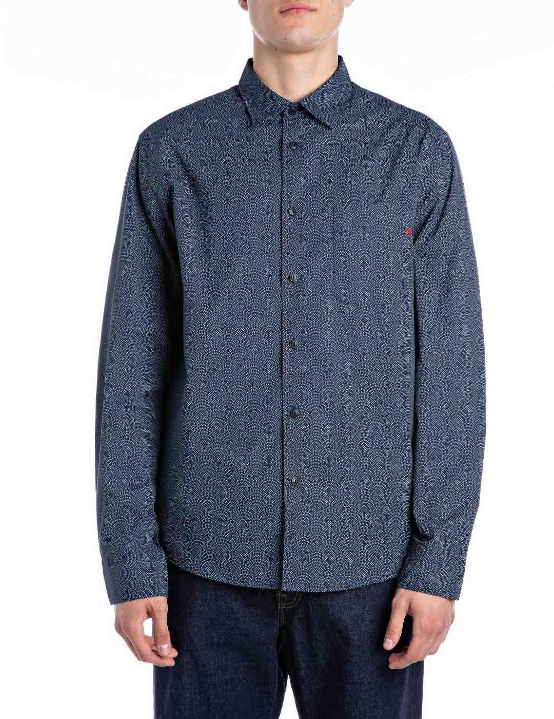 Camisa Replay azul marino topos blancos para hombre