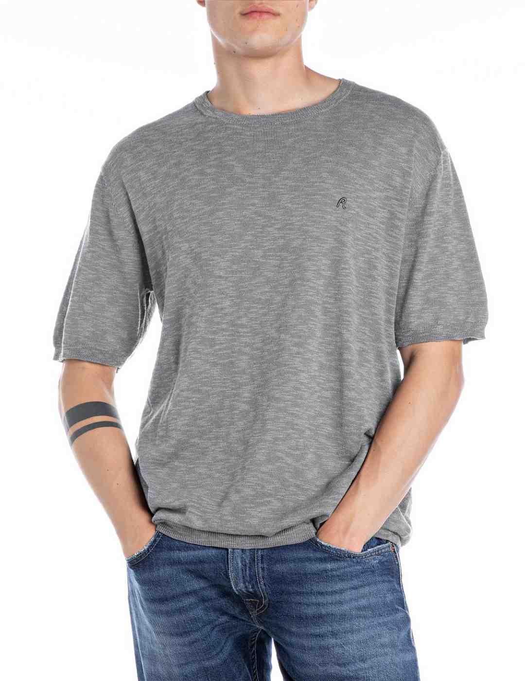 Camiseta Replay de punto gris claro manga corta para hombre