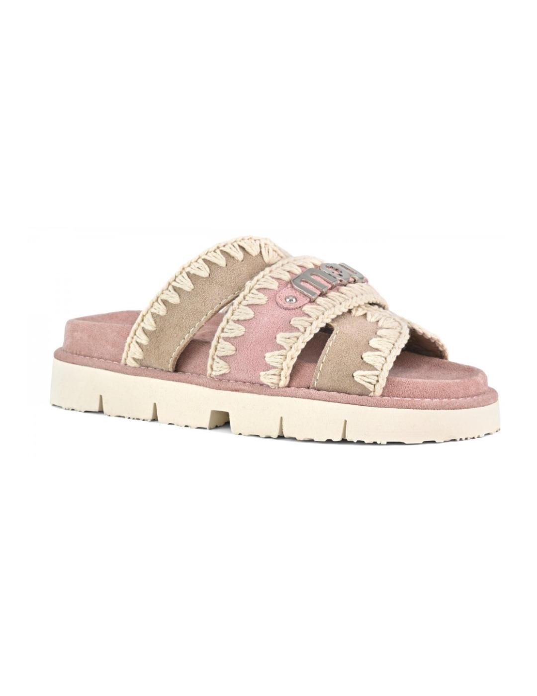 Sandalia Mou bicolor rosa beige de serraje para mujer