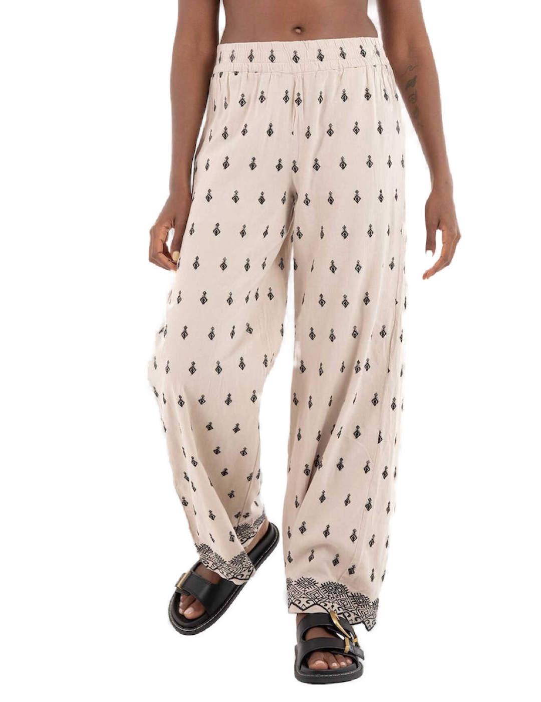 Pantalón Only Willa ancho beige bordados negros de mujer