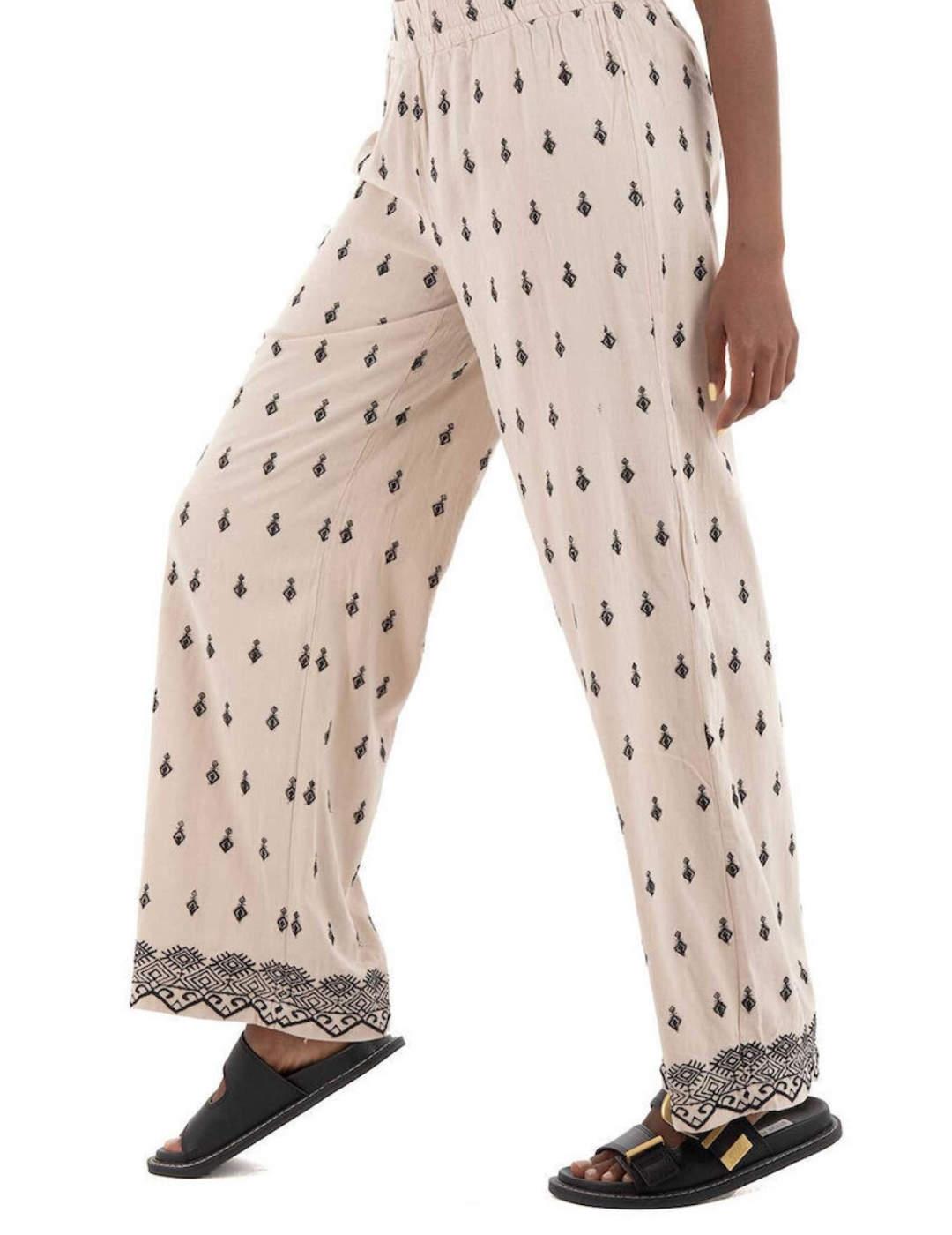 Pantalón Only Willa ancho beige bordados negros de mujer
