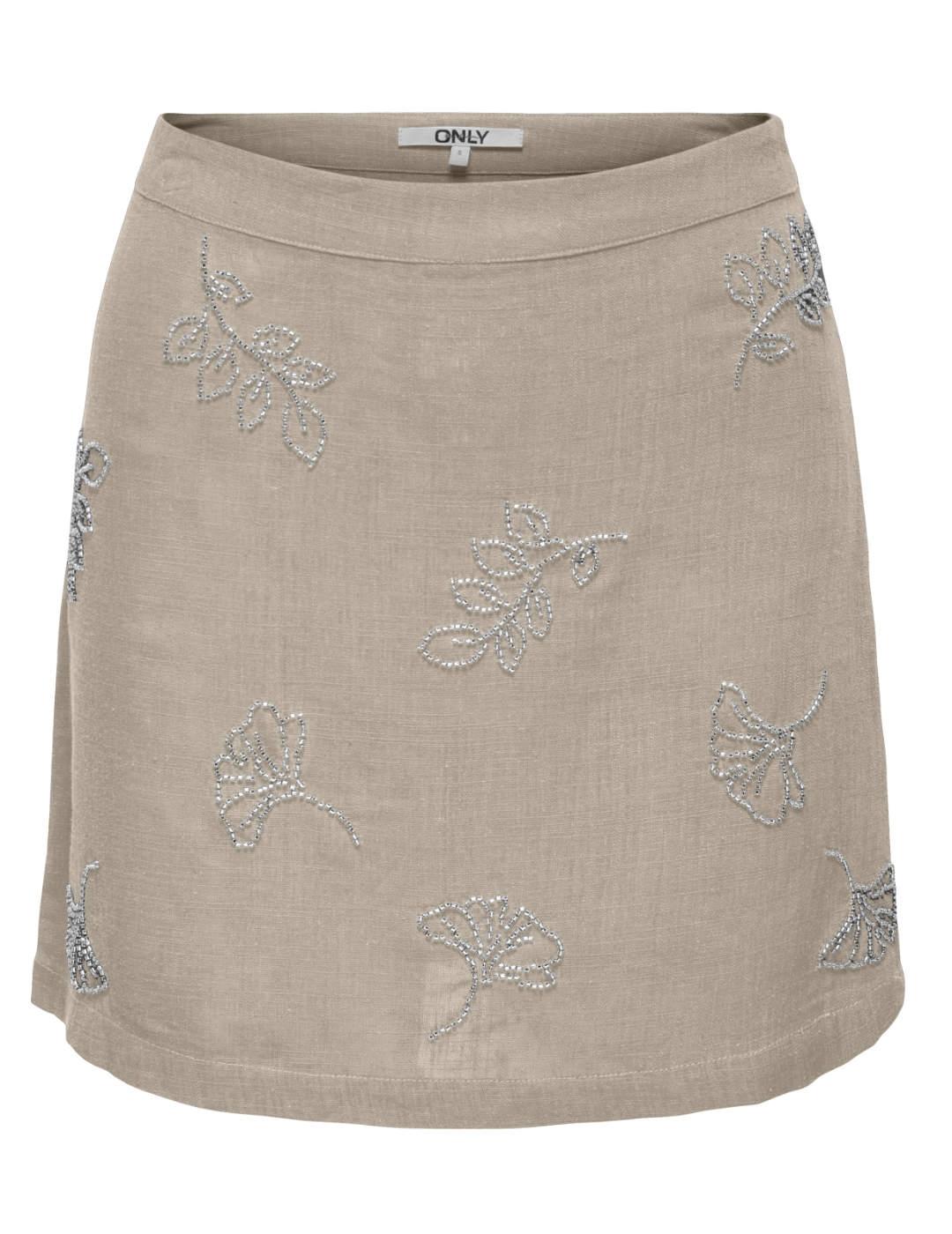 Falda Only Aska lino beige de lino bordada para mujer