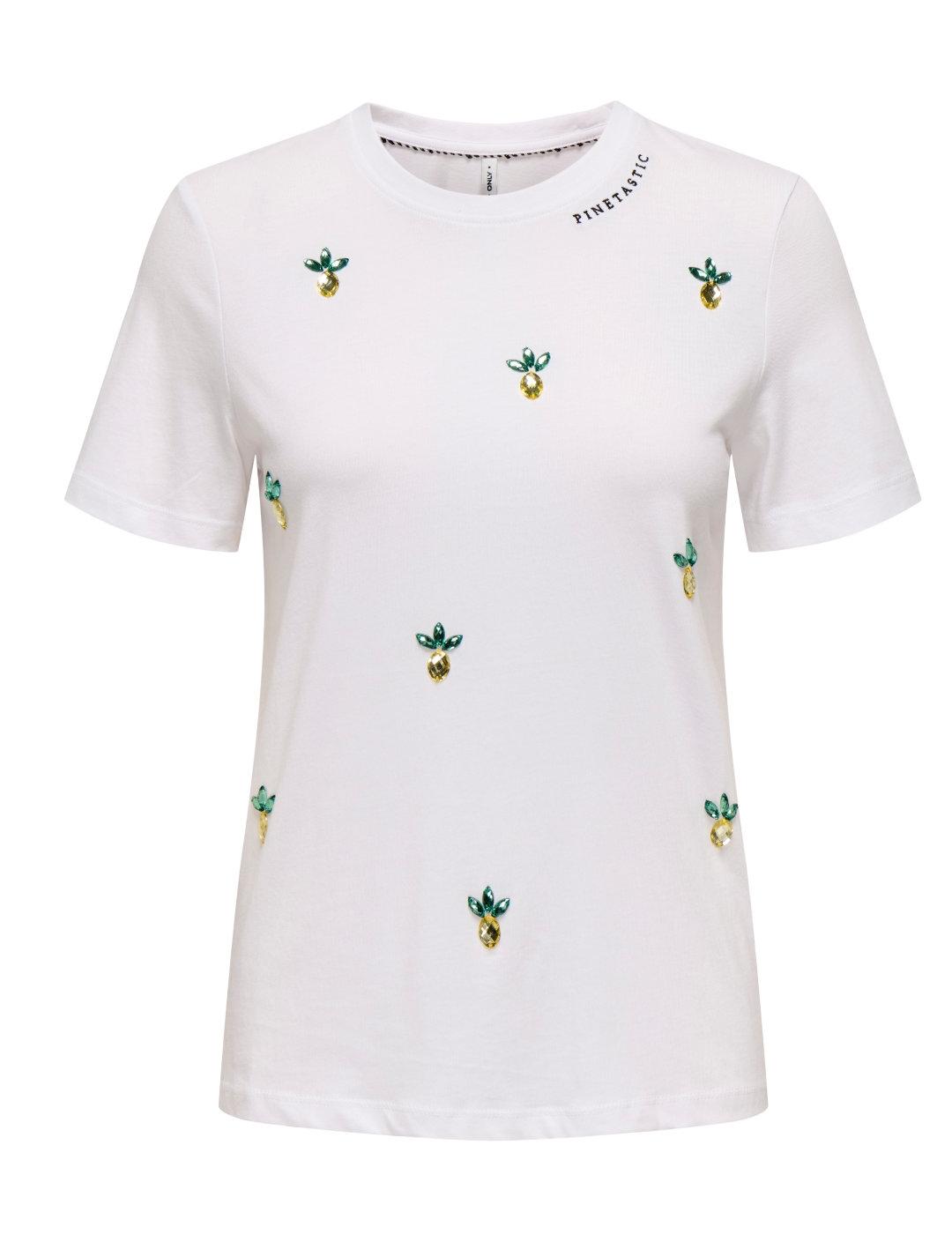 Camiseta Only Kita blanca detalle piña manga corta de mujer