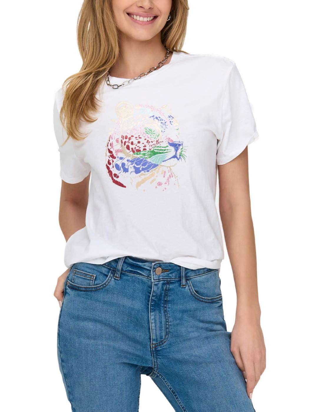 Camiseta Only Lucia blanca tigre brillo manga corta de mujer