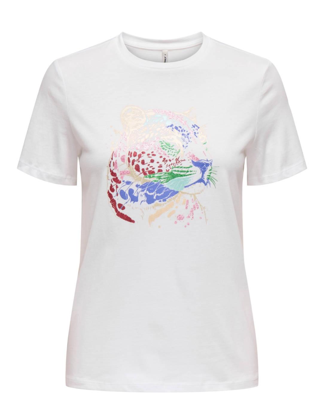 Camiseta Only Lucia blanca tigre brillo manga corta de mujer