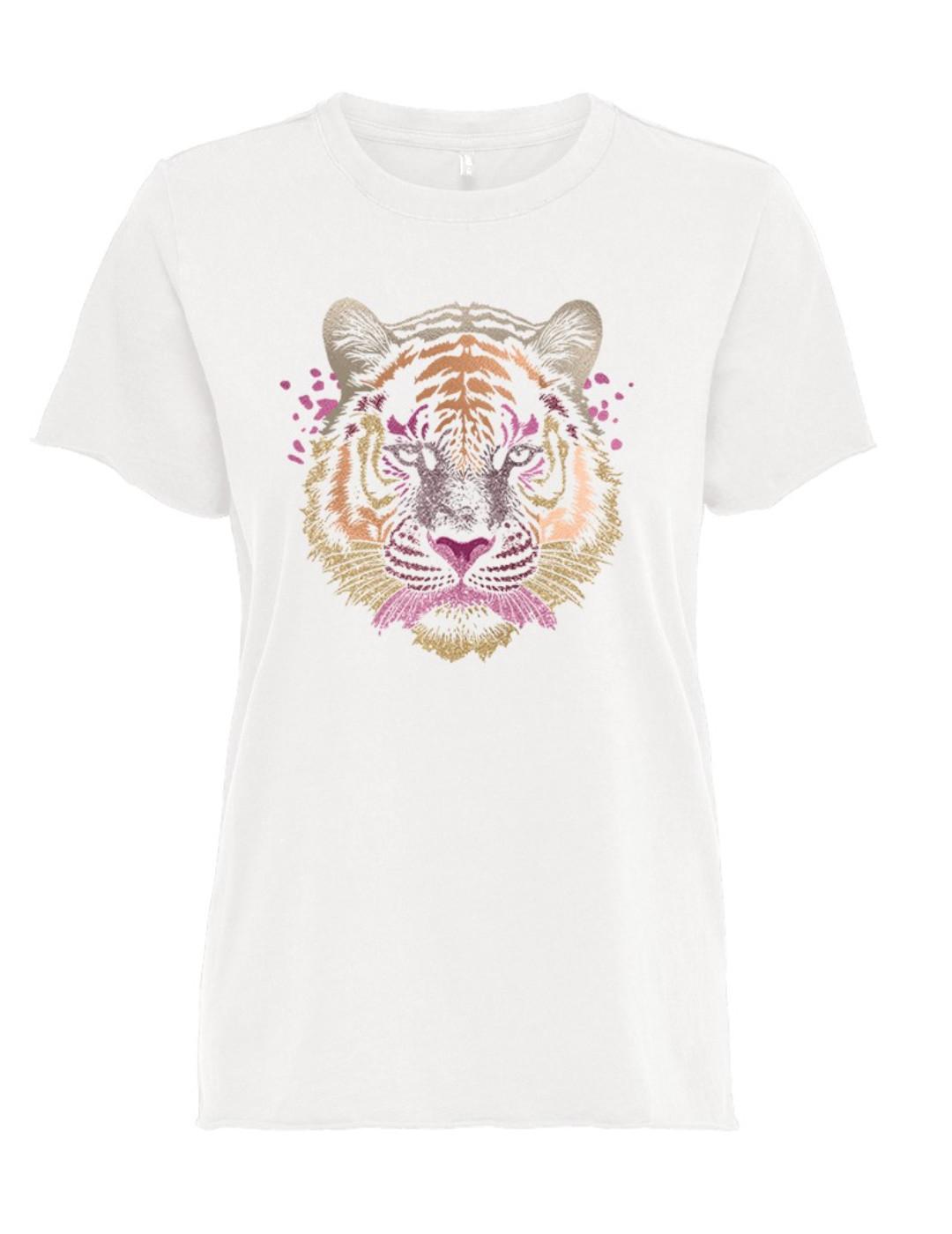 Camiseta Only Lucia blanca tigre rosa manga corta para mujer
