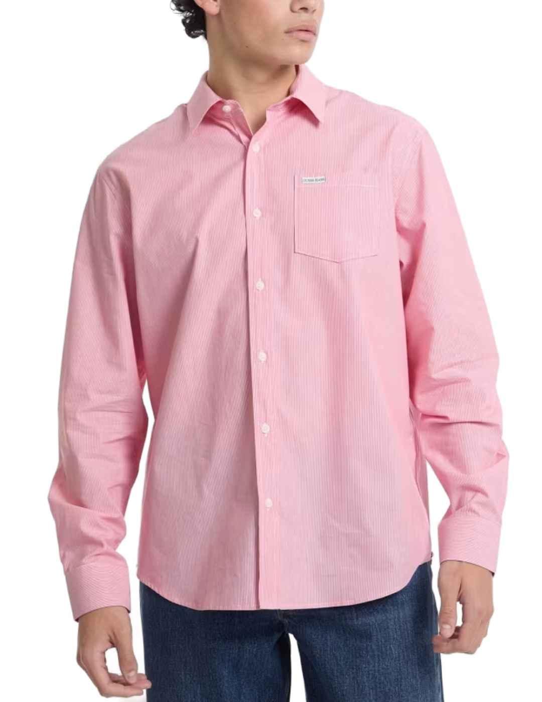 Camisa Guess Reg pocket rosa rayas blancas para hombre