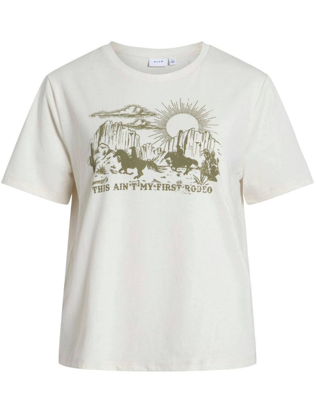 Camiseta Vila Wonti blanca y verde manga corta para mujer