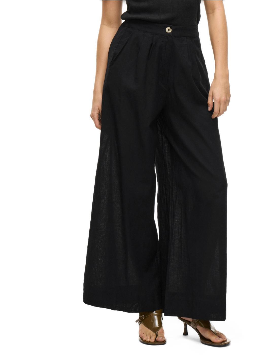 Pantalón Vila Etni wide negro lino botón para mujer