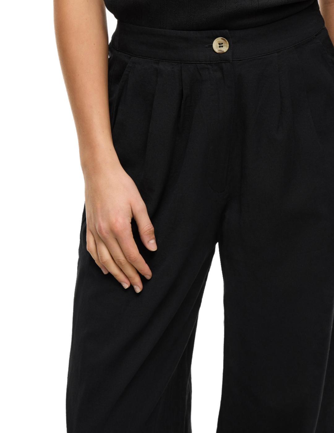 Pantalón Vila Etni wide negro lino botón para mujer