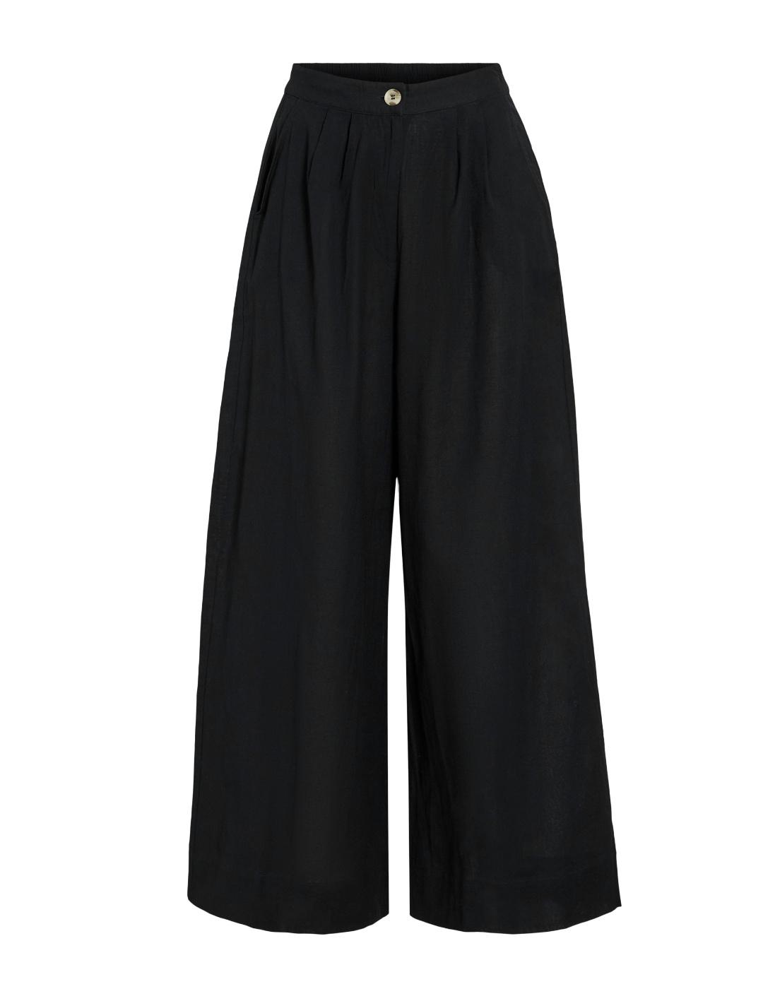 Pantalón Vila Etni wide negro lino botón para mujer