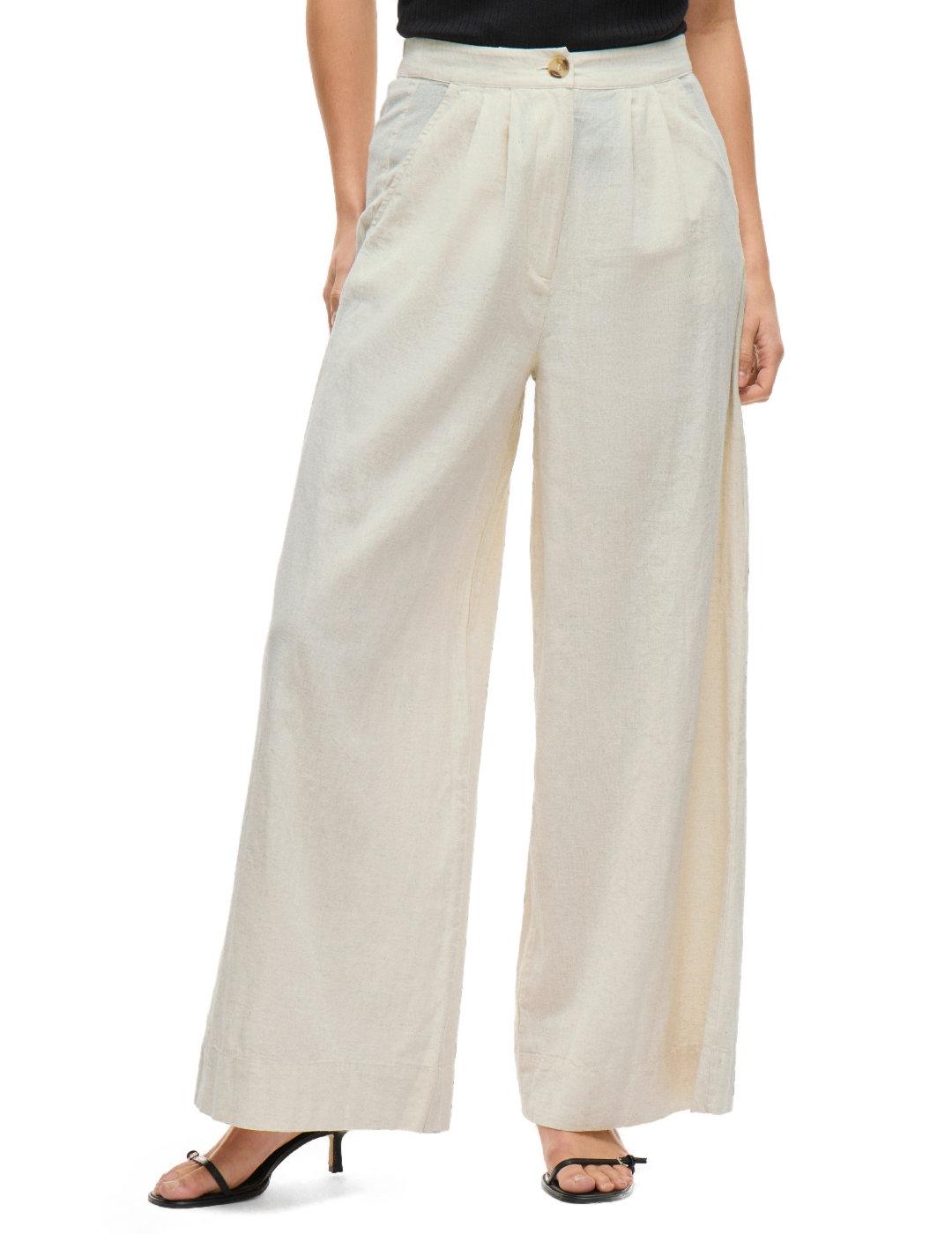 Pantalón Vila Etni wide crudo lino botón para mujer