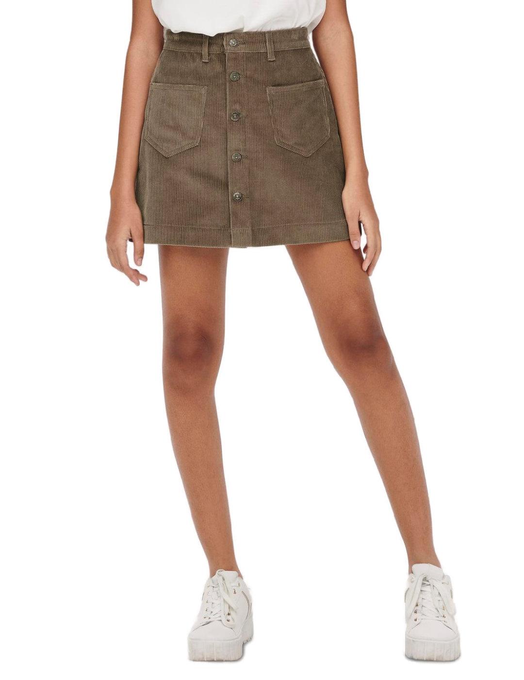 Falda mini Only Amazing de pana marrón con botón para mujer