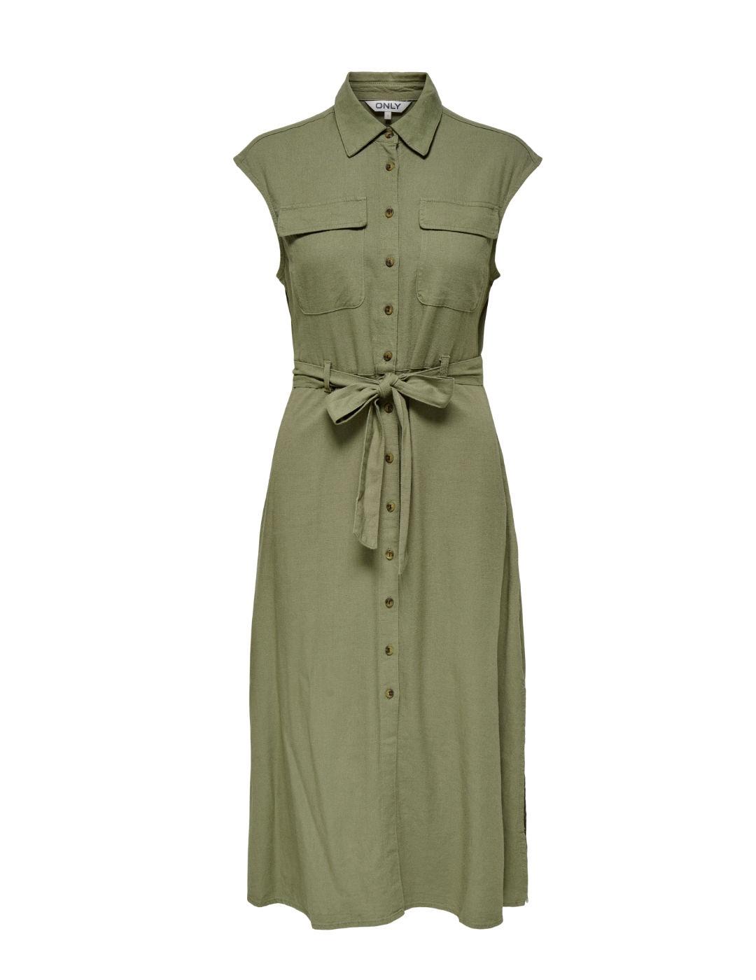 Vestido Only Lima midi camisero verde lino con lazo de mujer