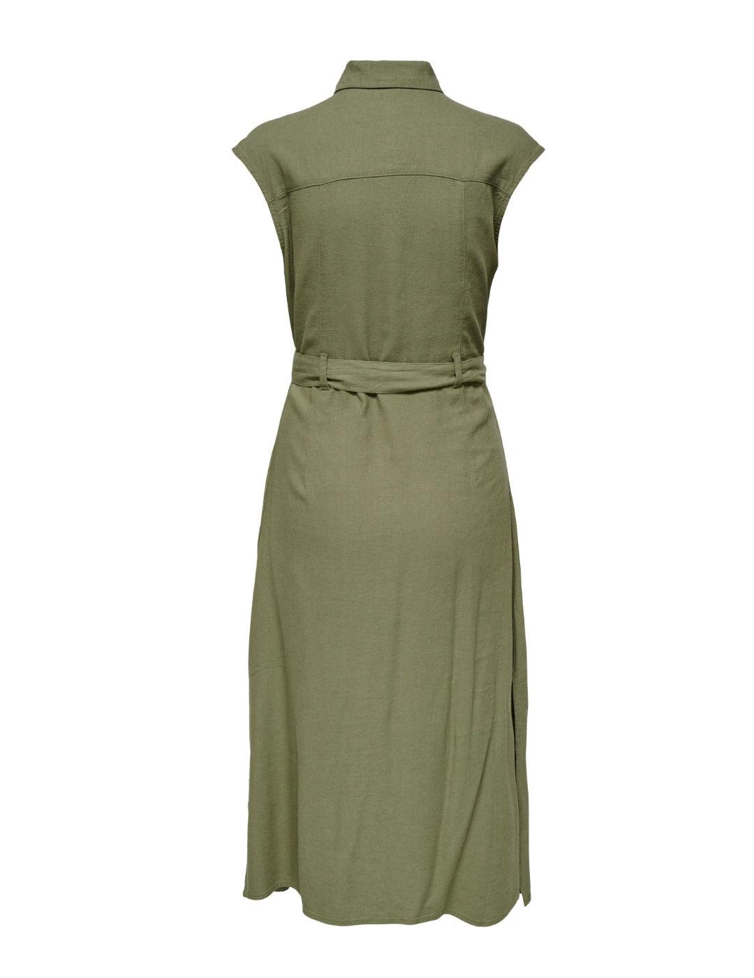 Vestido Only Lima midi camisero verde lino con lazo de mujer