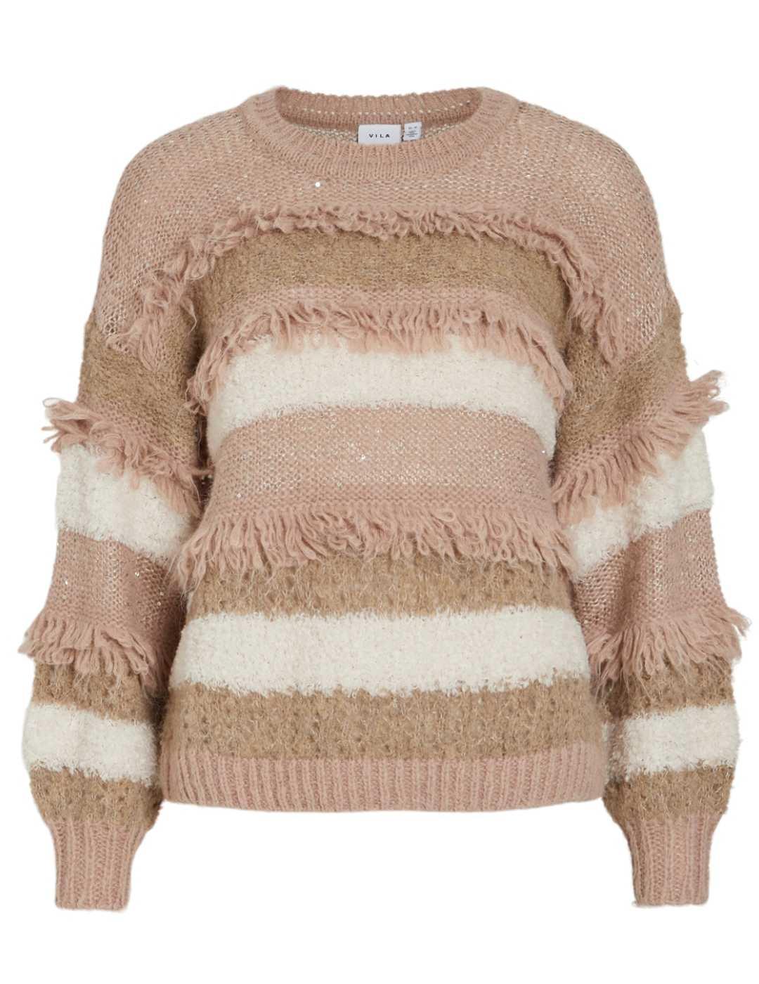 Jersey Vila Turi rosa rayas y flecos de lana para mujer
