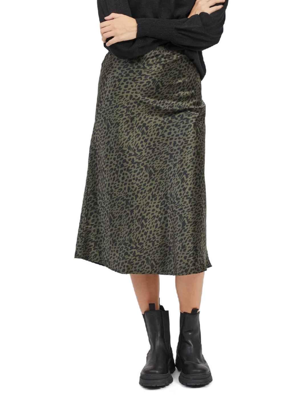 Falda Vila Yun midi verde estampado leopardo para mujer